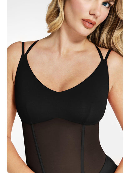 ELIN – Mesh Bodysuit met Crisscross Back - LivingCurves Sexy Tops Body Shaper Tank Wit / S
