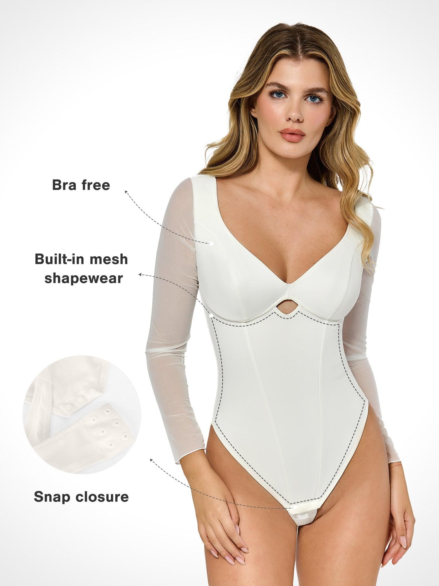 ELARA – Mesh Sleeve Bodysuit met Sweetheart Cutout - LivingCurves Tops Body Shaper Long Sleeve Rood / XS