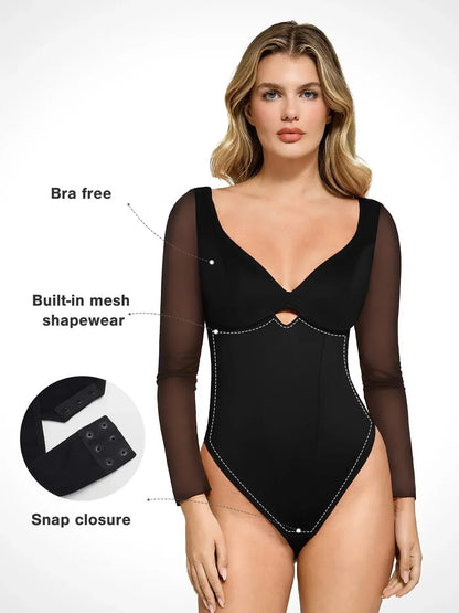 ELARA – Mesh Sleeve Bodysuit met Sweetheart Cutout - LivingCurves Tops Body Shaper Long Sleeve Rood / XS