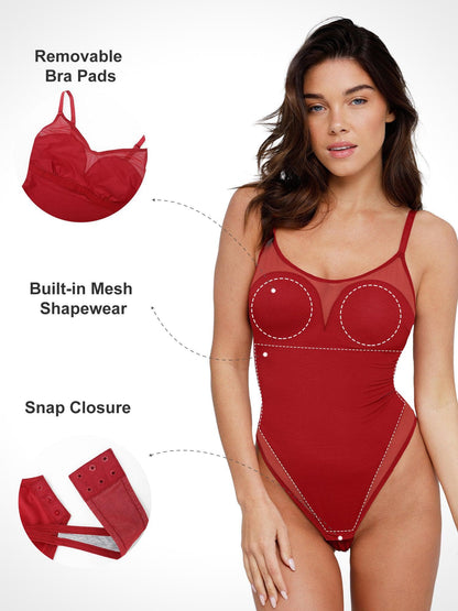 ZOE – Illusion Mesh Shaping String Body - LivingCurves Sexy Tops Body Shapers Mesh Rood / S