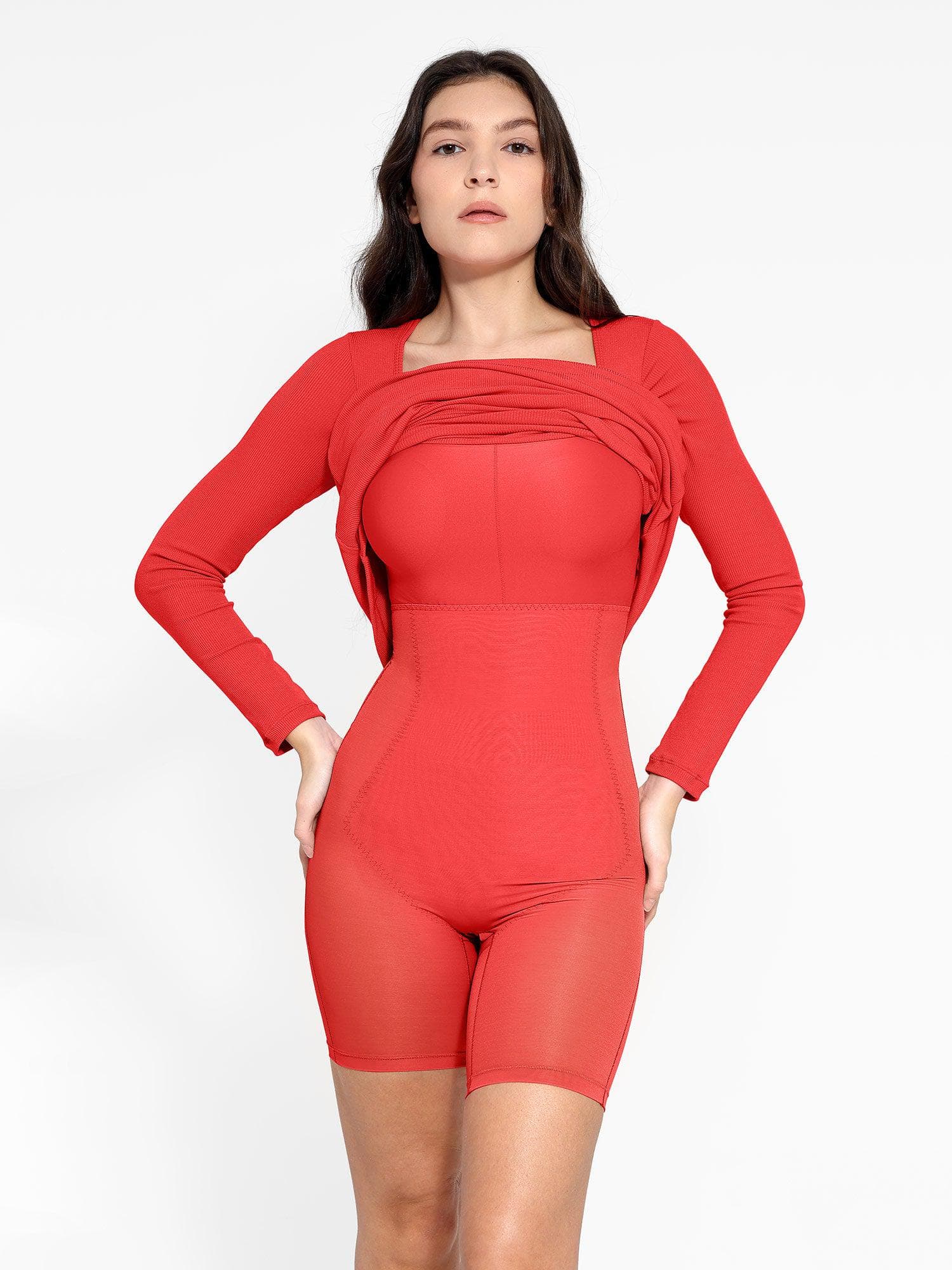 NOVA – Shapewear Maxi Dress met Lange Mouw - LivingCurves Bodycon Party Cocktail Loungewear Winter Rood / XS