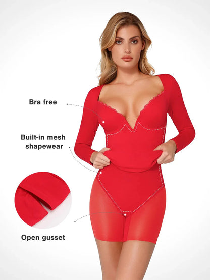 VENA – Shapewear Mini Jurk met Kant en V-Hals