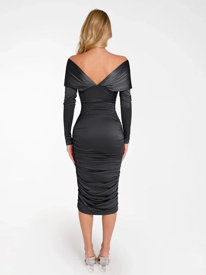 ALMA – Off-Shoulder Shine Midi Dress