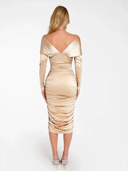 ALMA – Off-Shoulder Shine Midi Dress