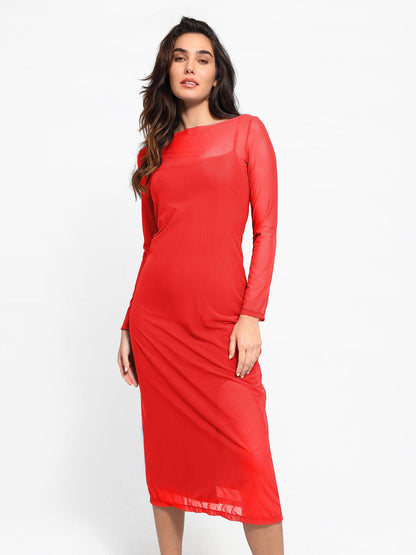 NOIR – Slimming Midi Jurk met Mesh Overlay
