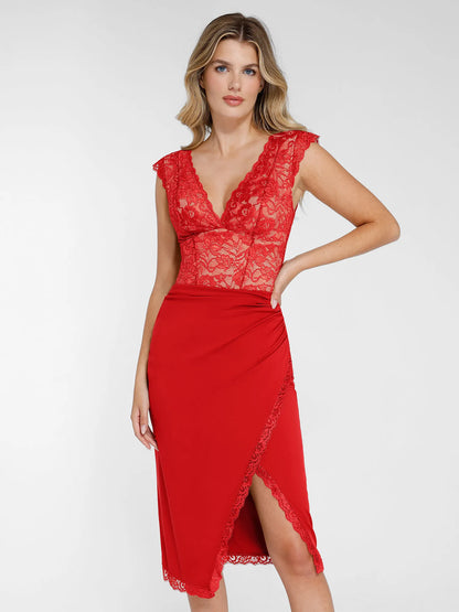 LIVIA – V-NECK LACE BODYSUIT - LivingCurves Sexy Tops Body Shaper Blauw / XS