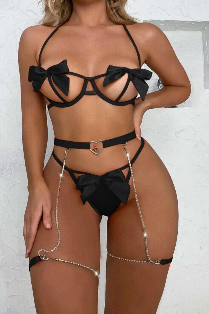 Lingerieset Dames – Zwart 3-Delig Met Strik En Sierstenen – Luxe Lingerie met Comfort
