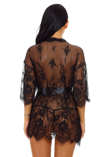 VYLAH – Eyelash Lace & Mesh Robe - LivingCurves Apparel & Accessories > Clothing > Lingerie Black / Small